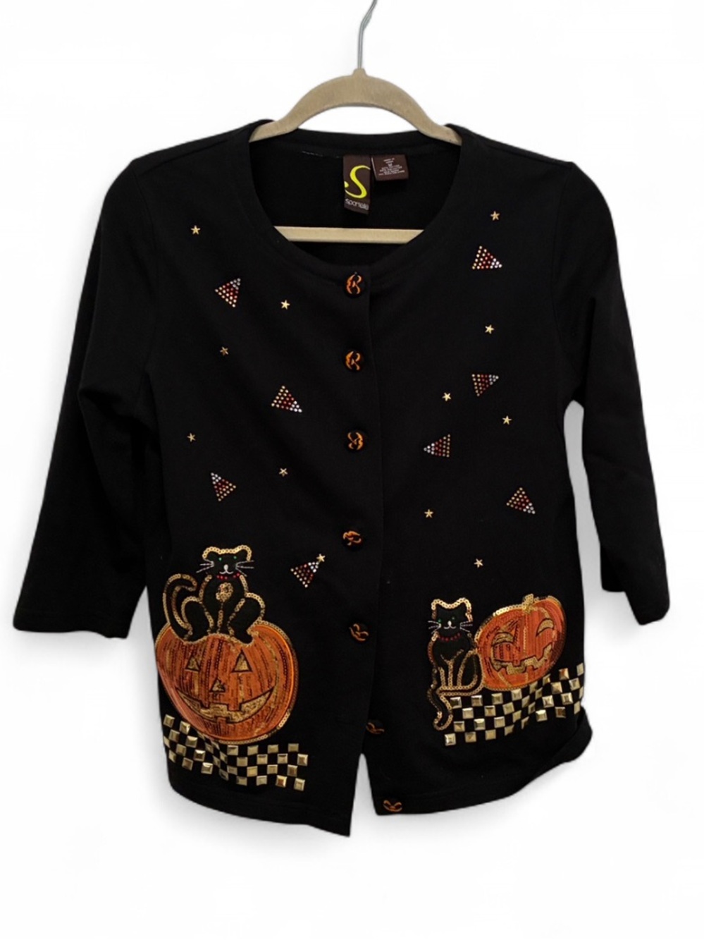 Y2K Halloween Sequin Cats Pumpkins Candy Corn Sweatshirt Cardigan